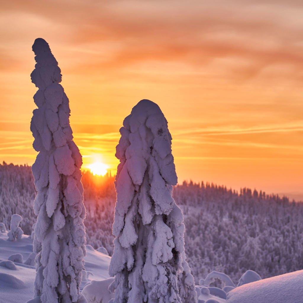 Talvinen maisema Tahkolla, tykkylumiset puut